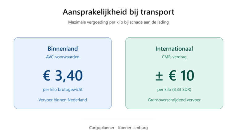 Vergelijking aansprakelijkheidslimiet transport: € 3,40 per kilo bij binnenlands vervoer (AVC) en circa € 10 per kilo bij internationaal vervoer (CMR)