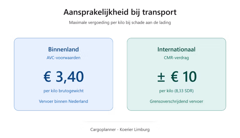 Vergelijking aansprakelijkheidslimiet transport: € 3,40 per kilo bij binnenlands vervoer (AVC) en circa € 10 per kilo bij internationaal vervoer (CMR)